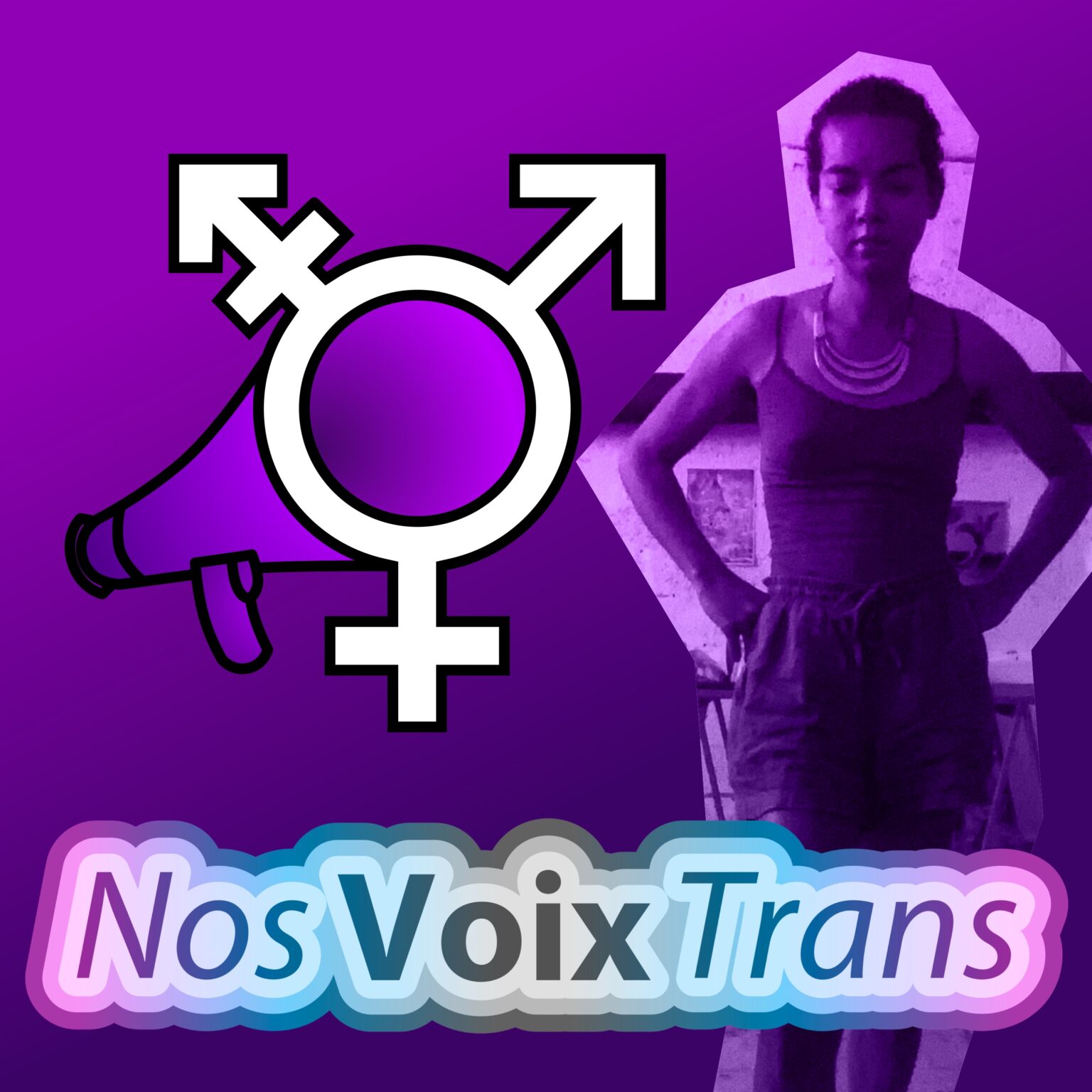 Illustration de l'épisode 16 du podcast Nos Voix Trans, un portrait presque en pied de Ramona, le logo et le nom du podcast, le tout dans une teinte violette