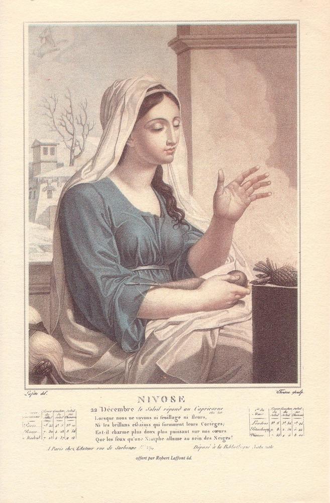 NIVÔSE
22 Décembre: Le Soleil répond au Capricorne
Lorsque nous ne voyons ni feuillage ni fleurs, Ni les brillans essaims qui fourmoient leurs Cortèges Est-il charme plus doux plus puissant sur nos coeurs
Que les feux qu'une Nimphe allume au sein des Neiges !
<p>Tresca, Salvatore (Graveur) – Lafitte, Louis (Dessinateur du modèle)
