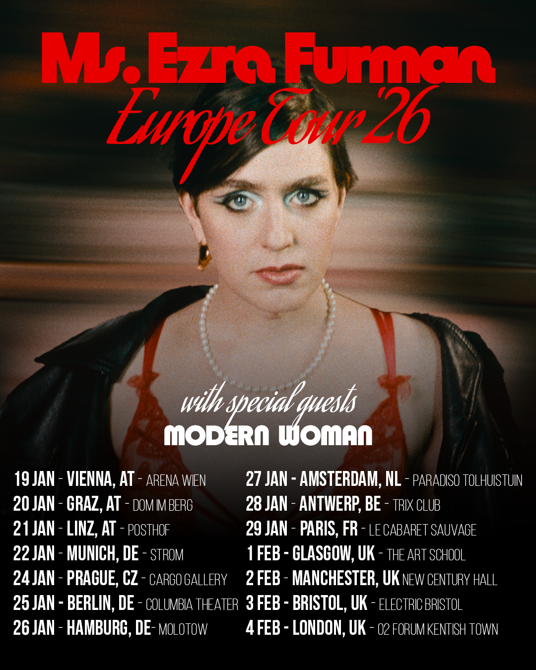 Affiche d'Ezra Furman qui annonce les dates de concert en Europe.