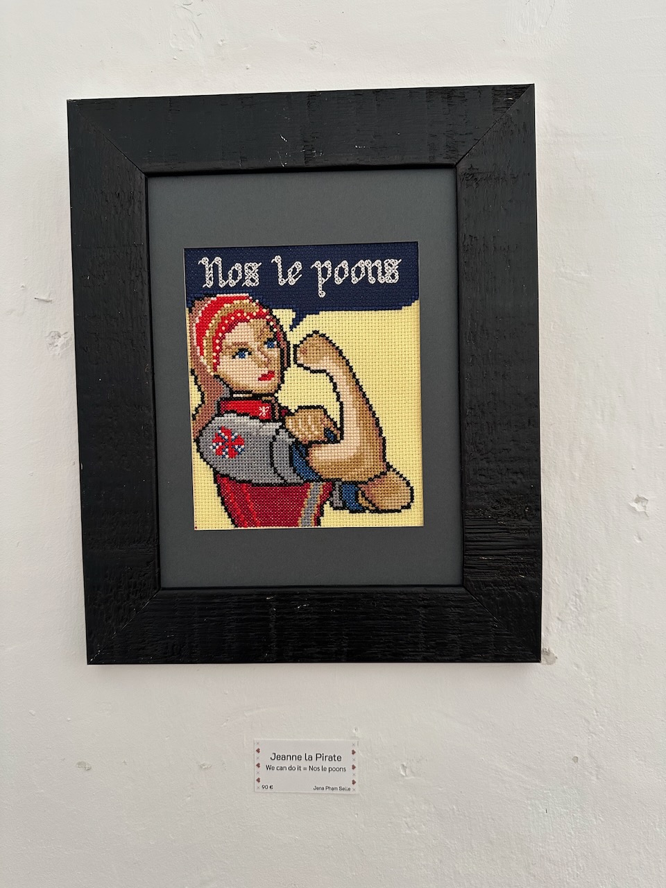 plan large de la broderie, encadrée de bois peint en noir, avec le cartel de l'exposition.