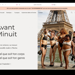 capture d'écran du site web de la marque Avant Minuit. On voit une photo avec des mannequins très variés, butch, fem, maigre, gros, etc.