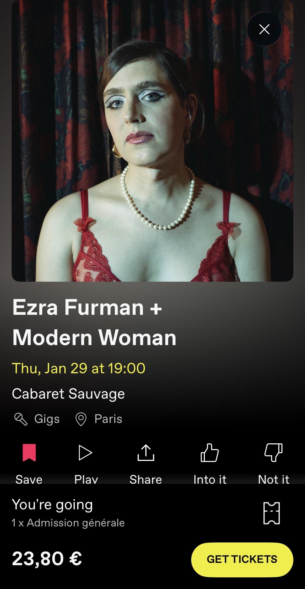Capture de l’application Dice, montrant la chanteuse Ezra Furman et les détails du concert.