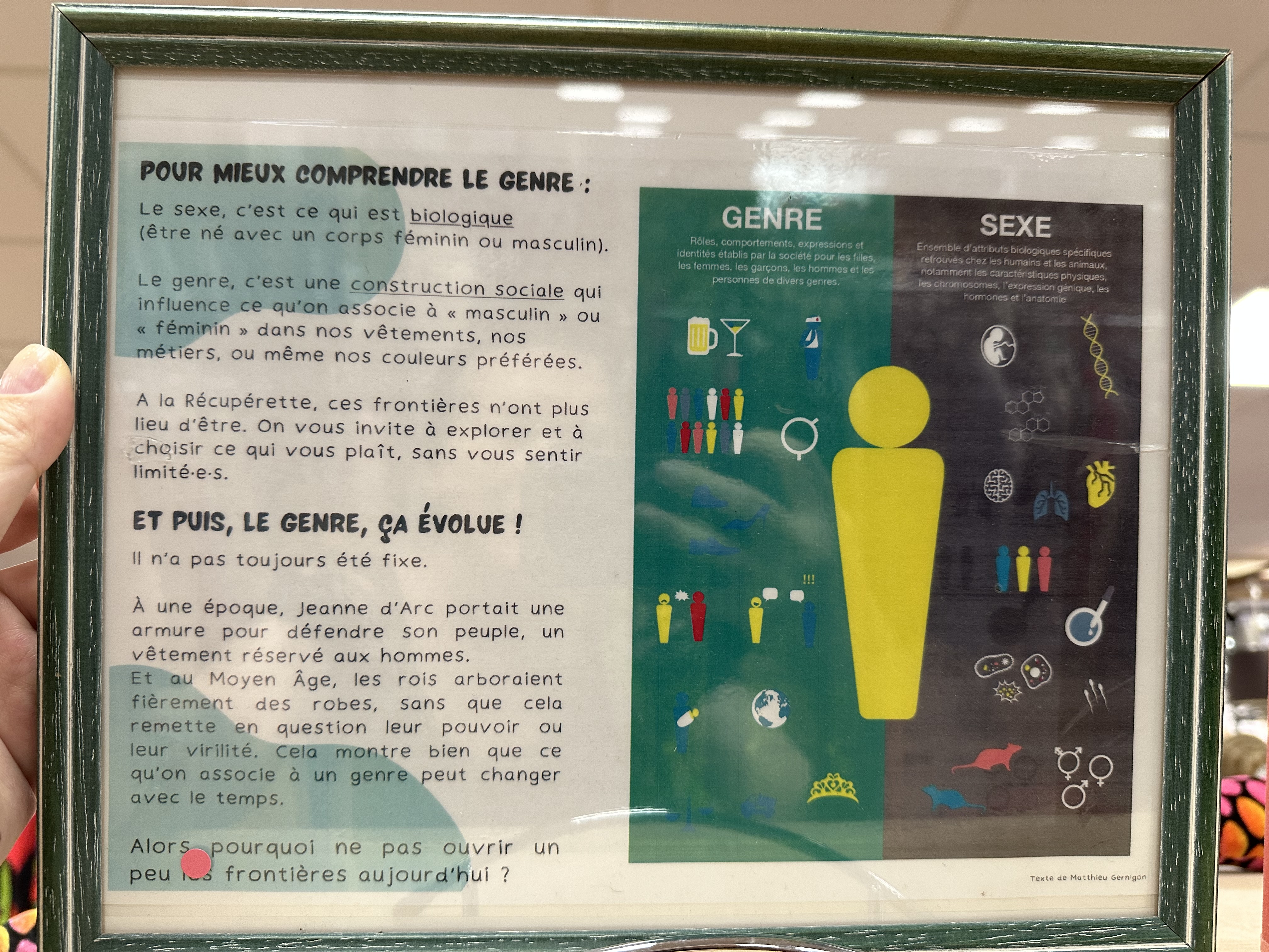 POUR MIEUX COMPRENDRE LE GENRE : Le sexe, c'est ce qui est biologique (être né avec un corps féminin ou masculin). Le genre, c'est une construction sociale qui influence ce qu'on associe à « masculin » ou « féminin » dans nos vêtements, nos métiers, ou même nos couleurs préférées.