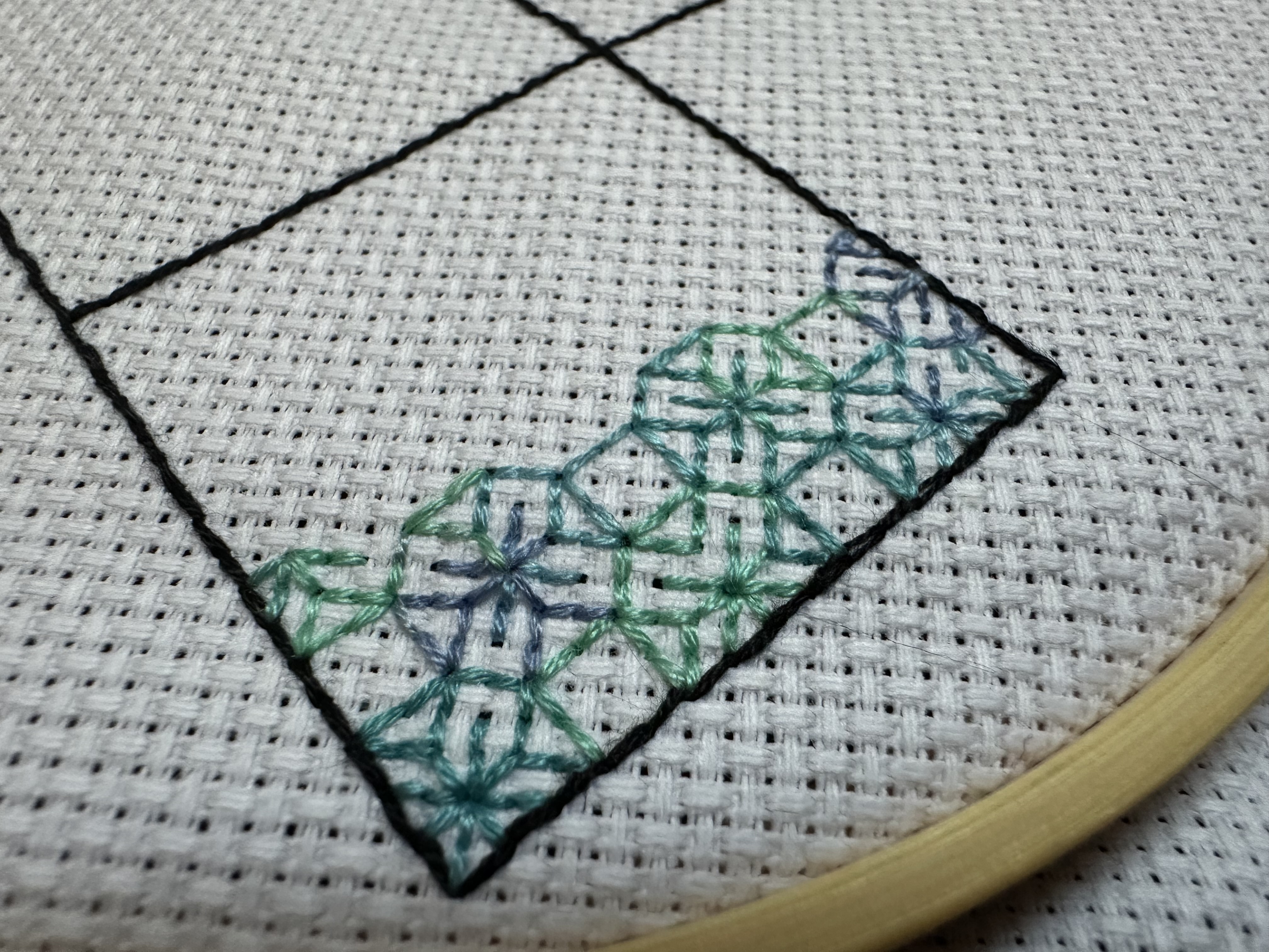 Gros plan d'un motif en blackwork, avec un fil de couleur dégradée vert et bleu (DMC 4030).